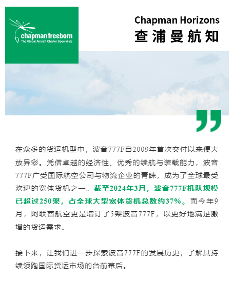 在众多的货运机型中，波音777F自2009年首次交付以来便大放异彩。凭借卓越的经济性、优秀的续航与装载能力，波音777F广受国际航空公司与物流企业的青睐，成为了全球最受欢迎的宽体货机之一。截至2024年3月，波音777F机队规模已超过250架，占全球大型宽体货机总数约37%。而今年9月，阿联酋航空更是增订了5架波音777F，以更好地满足激增的货运需求。

接下来，让我们进一步探索波音777F的发展历史，了解其持续领跑国际货运市场的台前幕后。