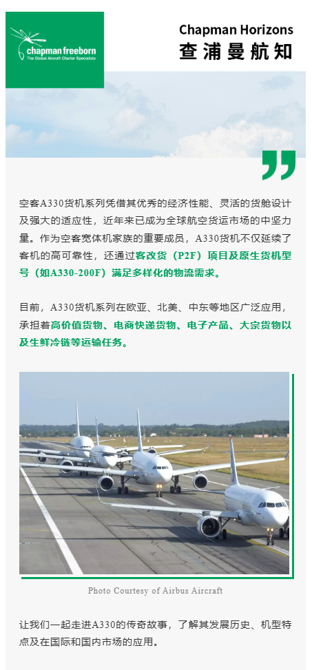 空客A330货机系列凭借其优秀的经济性能、灵活的货舱设计及强大的适应性，近年来已成为全球航空货运市场的中坚力量。作为空客宽体机家族的重要成员，A330货机不仅延续了客机的高可靠性，还通过客改货（P2F）项目及原生货机型号（如A330-200F）满足多样化的物流需求。 目前，A330货机系列在欧亚、北美、中东等地区广泛应用，承担着高价值货物、电商快递货物、电子产品、大宗货物以及生鲜冷链等运输任务。 让我们一起走进A330的传奇故事，了解其发展历史、机型特点及在国际和国内市场的应用。