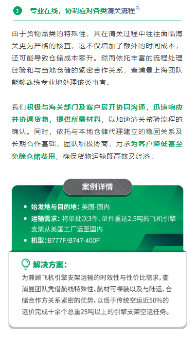 由于货物品类的特殊性，其在清关过程中往往面临海关更为严格的核查，这不仅增加了额外的时间成本，还可能导致仓储成本攀升。然而依托丰富的流程处理经验和与当地仓储的紧密合作关系，查浦曼上海团队能够熟练专业地处理该类事宜。 我们积极与海关部门及客户展开协同沟通，迅速响应并协调货物，提供所需材料，以加速清关核验流程的确认。同时，依托与本地仓储代理建立的稳固关系及长期合作基础，团队积极协商，力求为客户降低甚至免除仓储费用，确保货物运输既高效又经济。